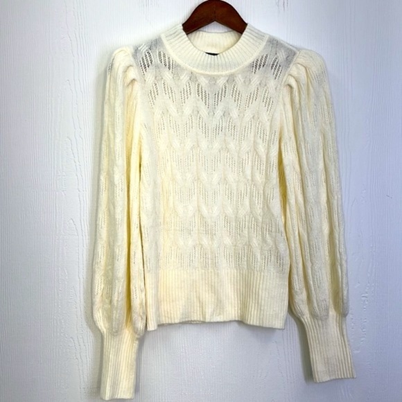 Express - NWT Ivory Knit Design With Puffy Sleeves Sweater Size Small - Picture 9 of 11